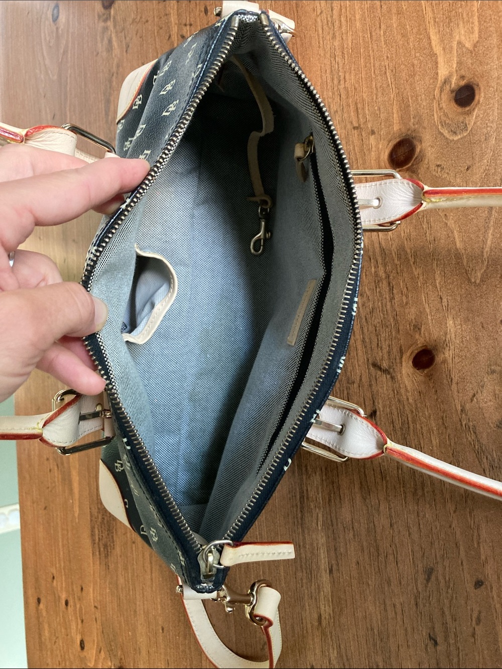 Dooney & Bourke Navy Blue and Cream Logo Satchel - Picture 3 of 11
